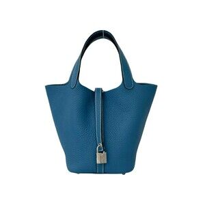HERMES Picotin Lock PM Taurillon Clemence Leather Handbag, Blue Jean, 17512
